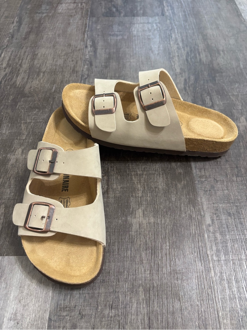 Women’s Double-Buckle Slide Sandals in Beige